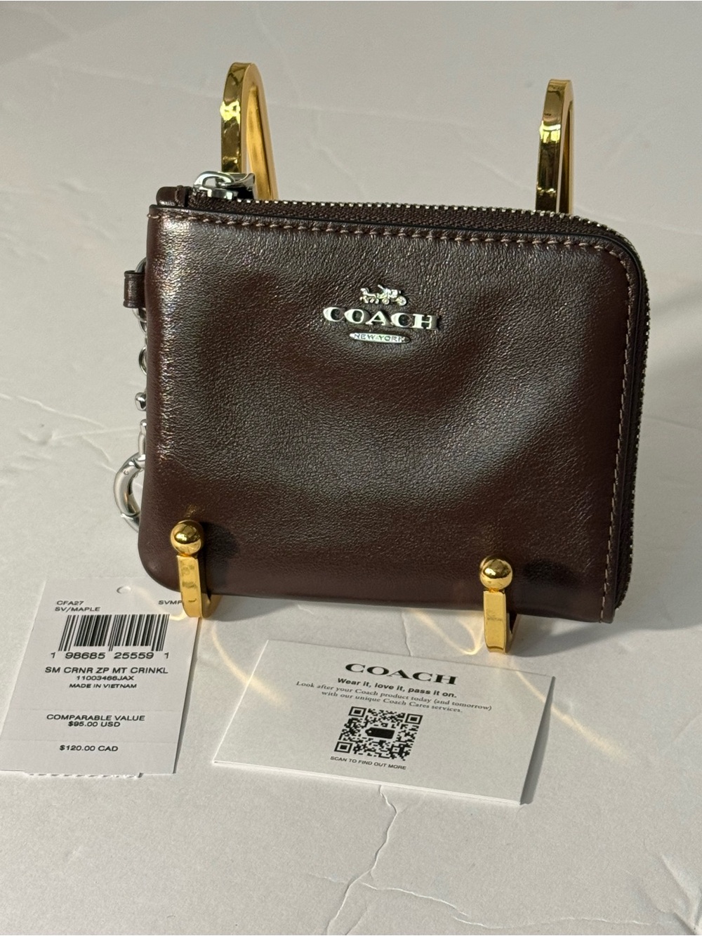 NWT Coach Small Corner Zip Wallet CFA27 Maple Brown Silver Charm - Picture 2 of 12
